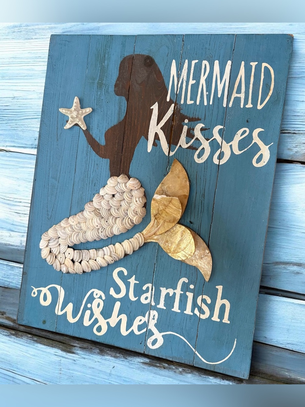 Mermaid Kisses Starfish Wishes Wall Hanging Decor Picture Wooden Shells 20.5x16